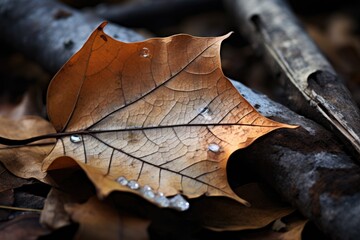 An autumn leaf is resting peacefully on the ground, showcasing the simple yet beautiful wonders of nature, The brittle and splintered texture of a fallen leaf, AI Generated