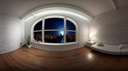 Empty room with large windows overlooking the night city.