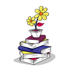 illustration of a flower plant in a pot, located on top of a pile of books.