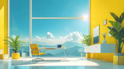 Bright Yellow Office Space with Mountain View