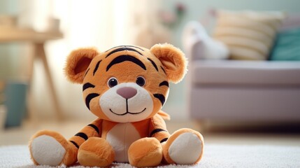 Cute tiger plush toy, closeup.