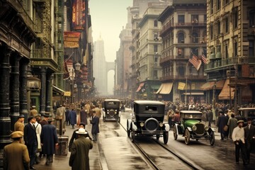 A lively city street filled with a multitude of people and a variety of vintage cars, The hustle and bustle of a New York street in the 1920s, AI Generated