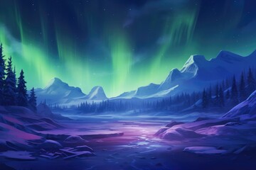 This image showcases a breathtaking painting of the mesmerizing Aurora Borealis phenomenon in the night sky, The Northern Lights shimmering over a snowy landscape, AI Generated