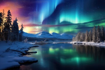 The mesmerizing sight of the Aurora Borealis is beautifully reflected in the calm waters below, The Northern Lights shimmering over a snowy landscape, AI Generated