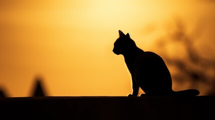 Fototapeta premium Silhouette of cat on sunset sky.
