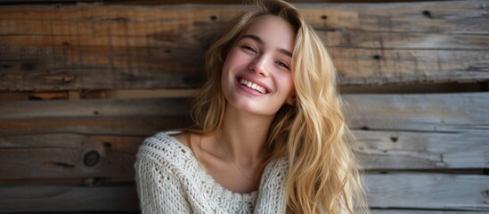 Fototapeta premium A happy blond woman with layered hair, wearing a white sweater, smiles in front of a wooden wall at an art event. The wood pattern adds a rustic touch.