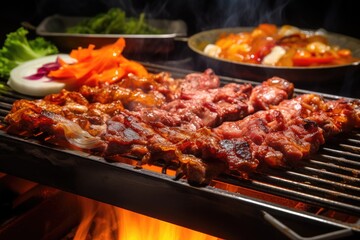 A bbq grill with meat and vegetables cooking on it, creating a mouth-watering outdoor barbecue feast, The sizzle and steam of a Korean BBQ grill, AI Generated
