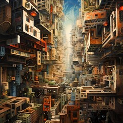 Fototapeta na wymiar A surreal cityscape where buildings morph and twist, defying the laws of physics in an abstract and mind-bending composition