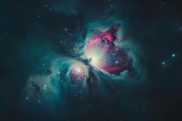 Obraz na płótnie Canvas Dive into this vibrant stock photo capturing the Orion Nebula, a nursery of new stars, with gas clouds aglow in pink and green hues.