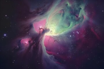 Fototapeta na wymiar Dive into this vibrant stock photo capturing the Orion Nebula, a nursery of new stars, with gas clouds aglow in pink and green hues.