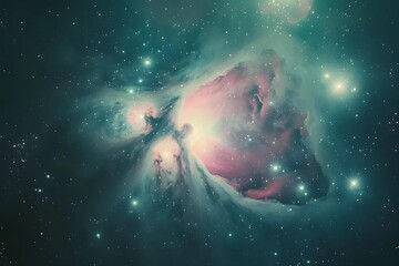 Dive into this vibrant stock photo capturing the Orion Nebula, a nursery of new stars, with gas clouds aglow in pink and green hues.