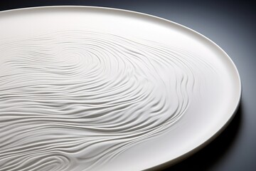 This white plate features a chic wavy design, adding a touch of sophistication to any table setting, The smooth and polished texture of a porcelain dish, AI Generated