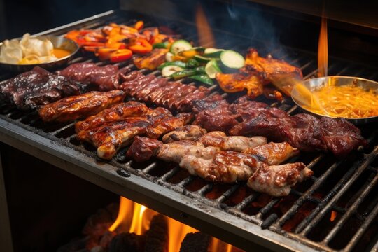 A picture of a fully loaded BBQ grill cooking a variety of delicious foods under the bright sun, The sizzle and steam of a Korean BBQ grill, AI Generated