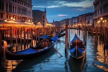A picturesque view of two gondolas peacefully resting on the calm waters of a Venice canal, Traditional gondolas on the Venetian canals at dusk, AI Generated - obrazy, fototapety, plakaty