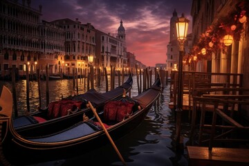 A pair of gondolas gracefully floating in the calm waters, showcasing the iconic Venetian architecture in the background, Traditional gondolas on the Venetian canals at dusk, AI Generated - obrazy, fototapety, plakaty