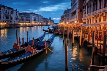 A couple of gondolas gracefully sit in the calm water, with the picturesque backdrop of Venice, Traditional gondolas on the Venetian canals at dusk, AI Generated