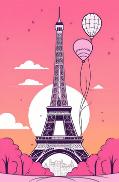 The Eiffel Tower and balloons. Against the background of a pink sunset. Made with the help of artificial intelligence. The photo is of high quality. Vertical picture. Postcard, wallpaper, background, 