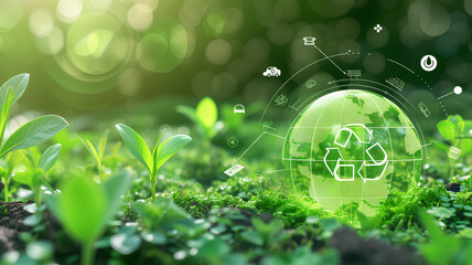 Conceptual image of recycling symbol with eco-friendly energy sources and green leaves.
