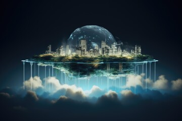 A mesmerizing sight of a city suspended in the clouds, illuminated by the night sky, Translucent layers of cloud computing depicted as floating islands, AI Generated - obrazy, fototapety, plakaty