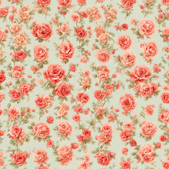 Vintage background with wallpaper decorated with small roses in the Victorian style.