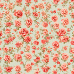 Vintage background with wallpaper decorated with small roses in the Victorian style.