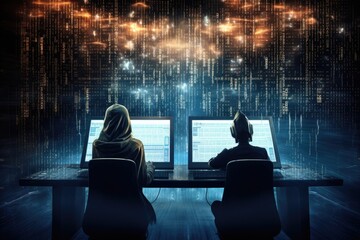 A couple of people sitting at a desk, focused on their laptops, Two computers exchanging information through binary code, AI Generated