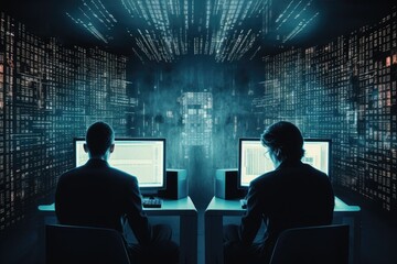 Two individuals sitting at their respective computer desks, engrossed in their work, in a dimly lit room, Two computers exchanging information through binary code, AI Generated