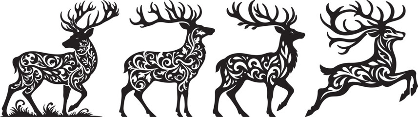A series of four black ornate reindeer silhouettes with intricate floral patterns on a white background.