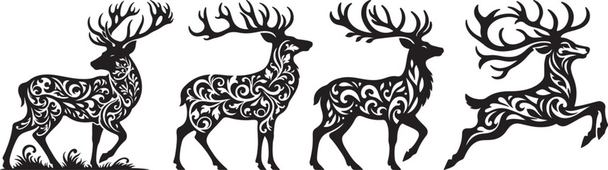 A series of four black ornate reindeer silhouettes with intricate floral patterns on a white background. © LuxStock