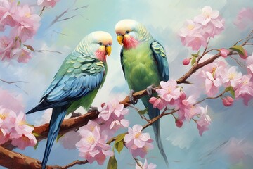 Two birds rest on a branch adorned with pink flowers, creating a picturesque scene in nature, Two parakeets tweeting on the branch of a blossoming tree, AI Generated