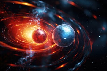 A stunning artists depiction of two planets suspended in the vast expanse of outer space, Two particles entangled in the quantum realm, AI Generated