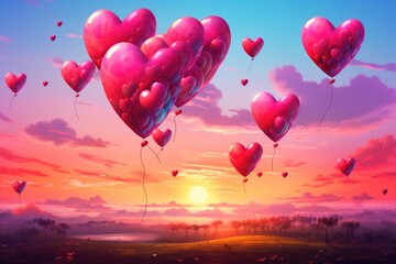 Colorful heart-shaped balloons filling the sky with joy and love, Valentine day's love heart balloons in vibrant sunset, AI Generated - obrazy, fototapety, plakaty