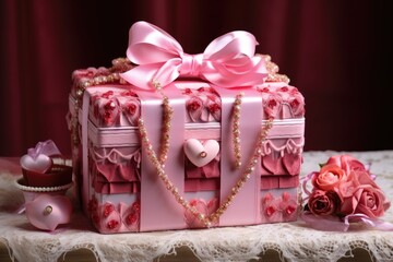 Obraz na płótnie Canvas A lovely pink gift box with a beautiful bow on top, ready to surprise and delight someone on a special occasion, Valentine's Day gift box decorated with ribbons and charms, AI Generated
