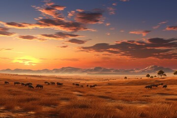 A group of cows peacefully eating grass in a field that lacks moisture, Vast plains featuring herds of grazing animals at dawn, AI Generated