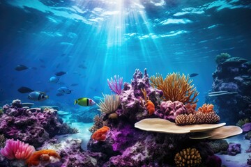 Fototapeta na wymiar A captivating image of a vibrant underwater scene teeming with corals and an array of colorful fish, Vibrant underwater scene with coral reef in the Caribbean, AI Generated