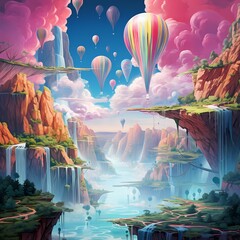 A surreal dreamscape with floating islands, waterfalls suspended in mid-air, and a sky painted in fantastical colors