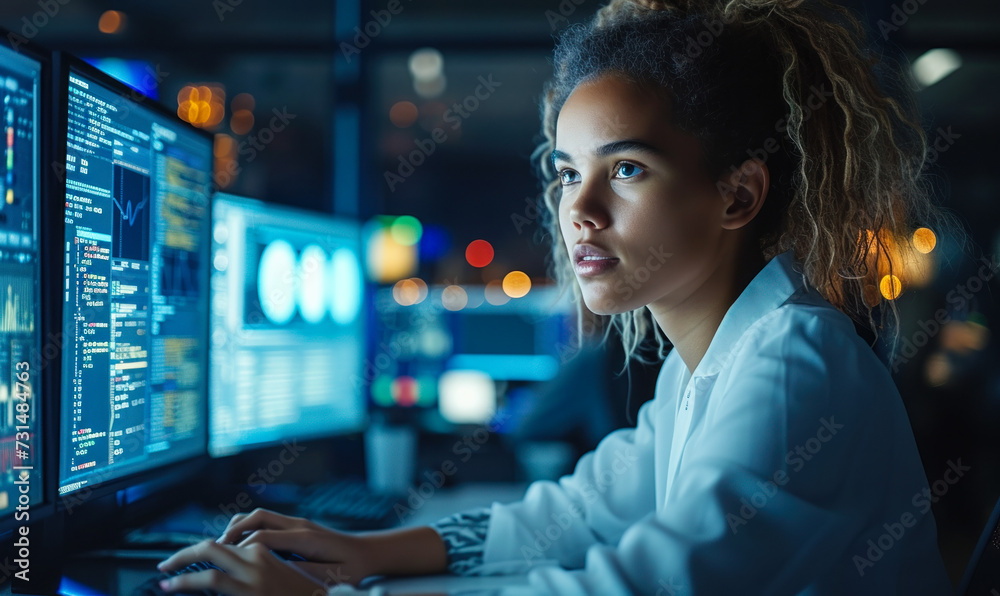 Poster focused female software developer working on computer in a busy office, writing code and solving com