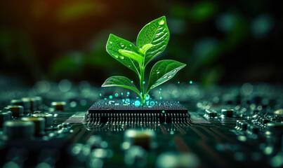 Sustainable Technology Concept with a Young Plant Growing from a Circuit Board, Symbolizing Eco-Friendly Innovation and Green Tech Solutions