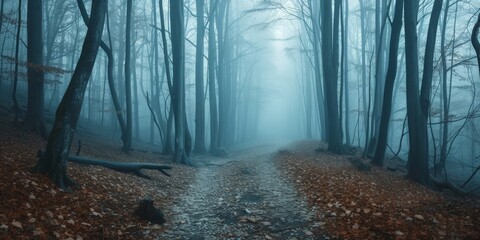 Obraz premium Panorama of foggy forest. Fairy tale spooky looking woods in a misty day. Cold foggy morning in horror forest