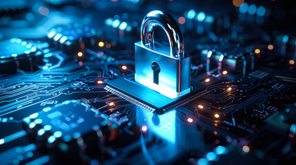 Shining Padlock on Circuit Board Symbolizing Cybersecurity, Data Protection on Digital Network Infrastructure with Circuitry and Blue Light