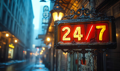 Illuminated vintage '24/7' sign hanging on a rainy evening, glowing warmly to advertise constant availability and non-stop service in an urban setting