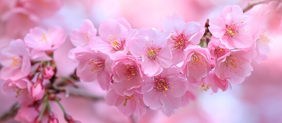 A detailed view of pink cherry blossom flowers on a tree branch, showcasing their delicate petals and vibrant pink color.