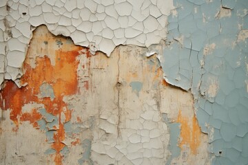 The image captures the worn and weathered side of a building, with peeling paint revealing an...