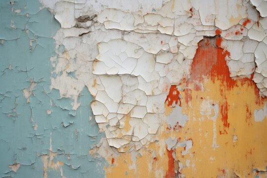 An old, neglected building with a rusty wall covered in peeling paint, Vintage paint peeling off in layers, AI Generated