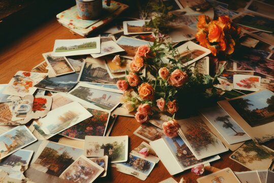 A wooden table adorned with a variety of pictures and an array of vibrant flowers, Vintage postcards spread out on a table, AI Generated