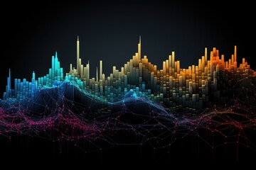 Digital Image of City Skyline, Vibrant Urban Landscape With Tall Buildings, Cars, and Evening Lights, Bohemian style interpretation of the fluctuating stock market, AI Generated
