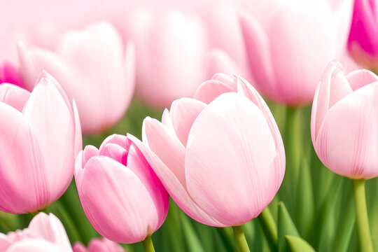 A light pink Tulip on light blurred background, with copy space. Delicate Bouquet of Tulips. Springtime concept. Valentine's Day, Easter, Birthday, Women's Day, Mother's Day