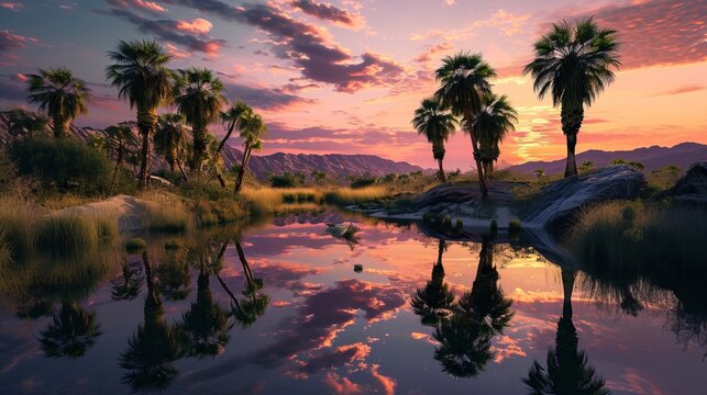 Sunset Oasis: Palm Trees Silhouetted Against a Vibrant Sky Reflecting in Tranquil Water with Mountain Backdrop