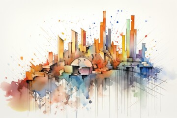 A beautiful watercolor painting depicting the vibrant city skyline, capturing the essence of urban...
