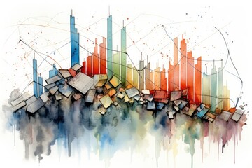Painting of City With Buildings and Lines, A Vibrant Urban Landscape Illustration, Watercolor painting of a stock market crash graph, AI Generated